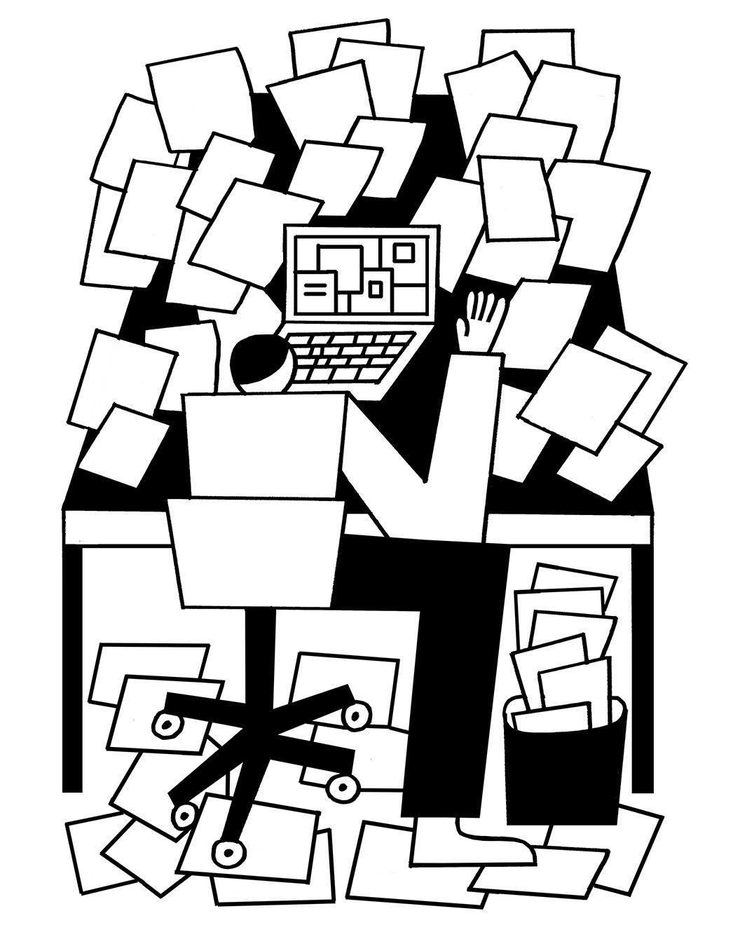 A person is buried under a pile of paper at their desk