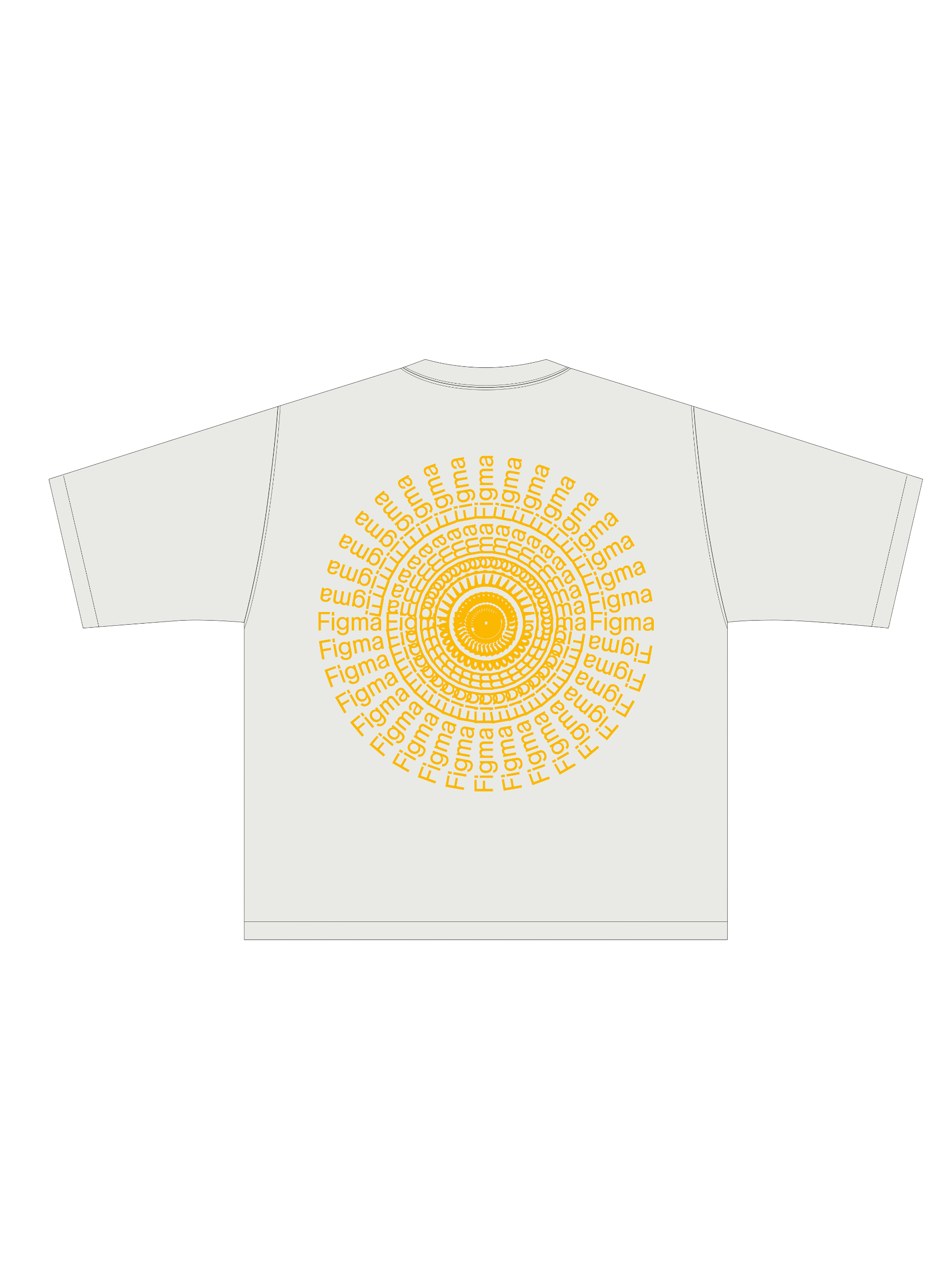 The word "Figma" repeated in a yellow spiral pattern on the back of a white t-shirt mockup