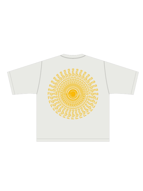 The word "Figma" repeated in a yellow spiral pattern on the back of a white t-shirt mockup