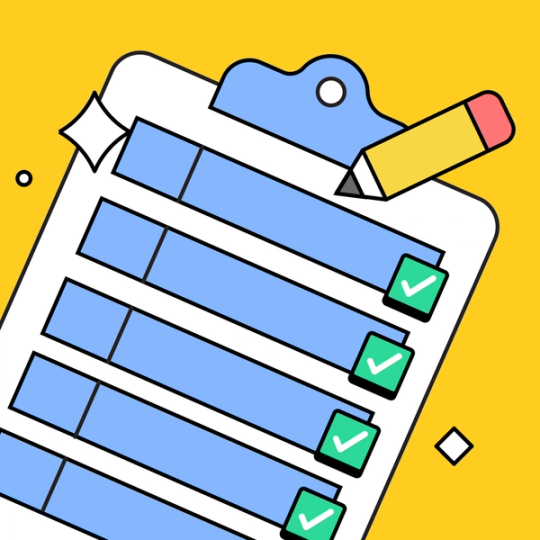 clipboard with a yellow pencil and green check marks on the piece of paper