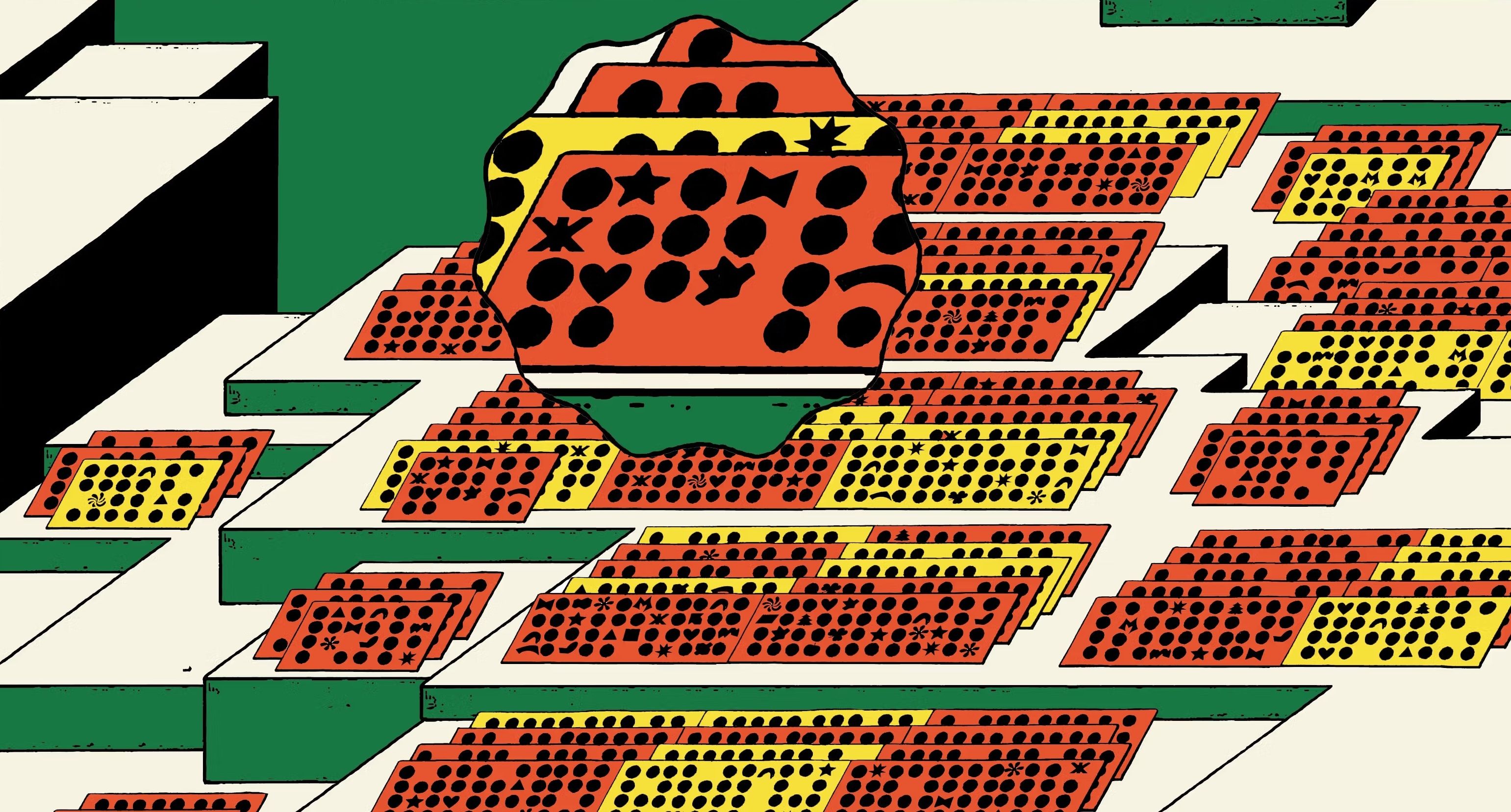 Abstract illustration of layered red and yellow grids with black shapes, overlaid by a central multicolored form.