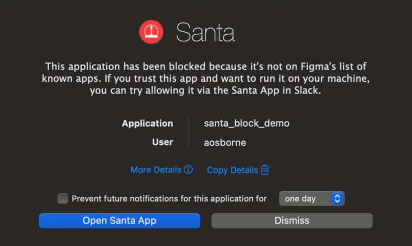 A macOS pop-up from the Santa security app informing the user that the ‘santa_block_demo’ application has been blocked and can be allowed via Slack.