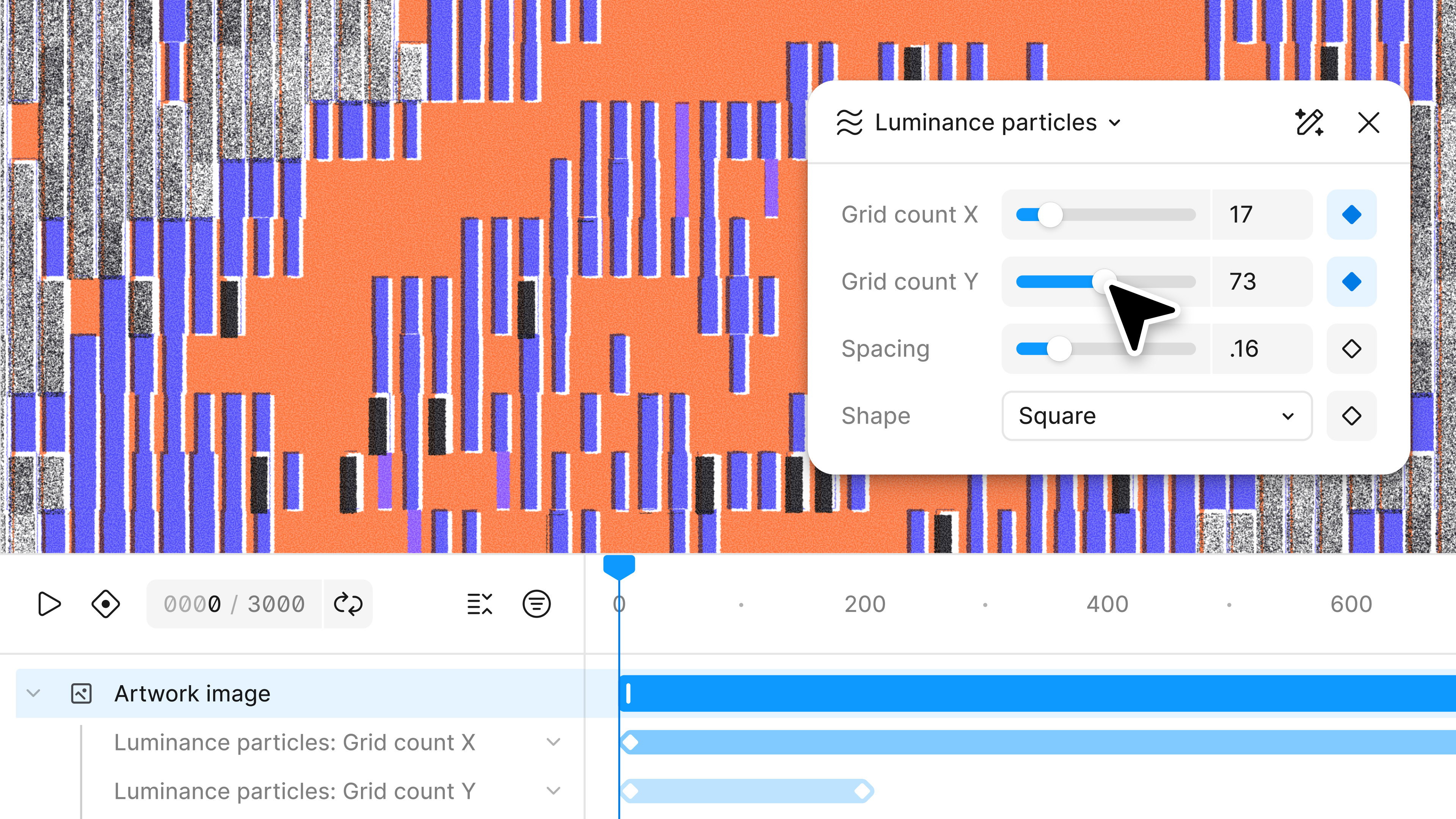 Motion graphics editor interface showing a generative visual effect with adjustable particle-grid parameters, keyframe animation controls, and a timeline for animating procedural artwork.