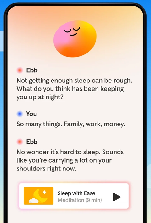 Conversation with a wellness app character offering sleep advice and a meditation link