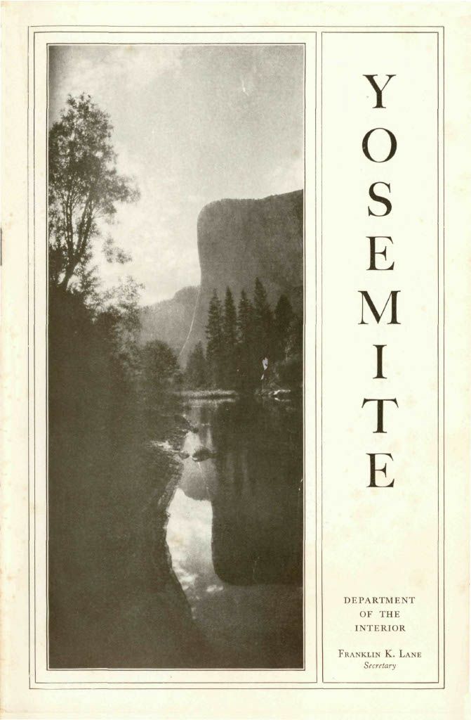 Booklet cover with a black and white photograph of El Capitan on the left and Yosemite in vertical text on the right