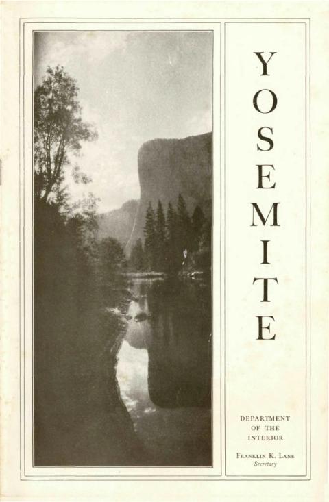 Booklet cover with a black and white photograph of El Capitan on the left and Yosemite in vertical text on the right