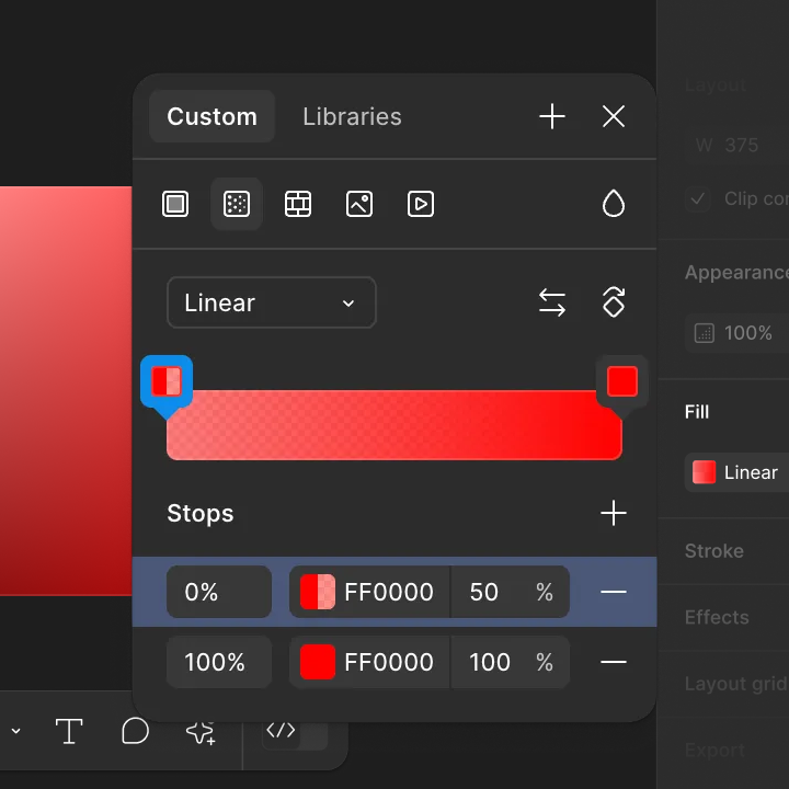 Figma gradient fill panel showing a linear red gradient with two color stops, hex value #FF0000, and opacity controls.