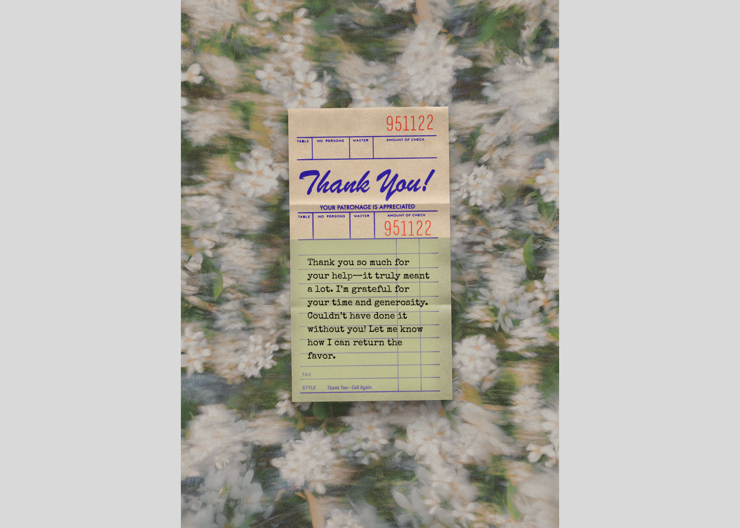 Screenshot of a retro receipt thank you card template.
