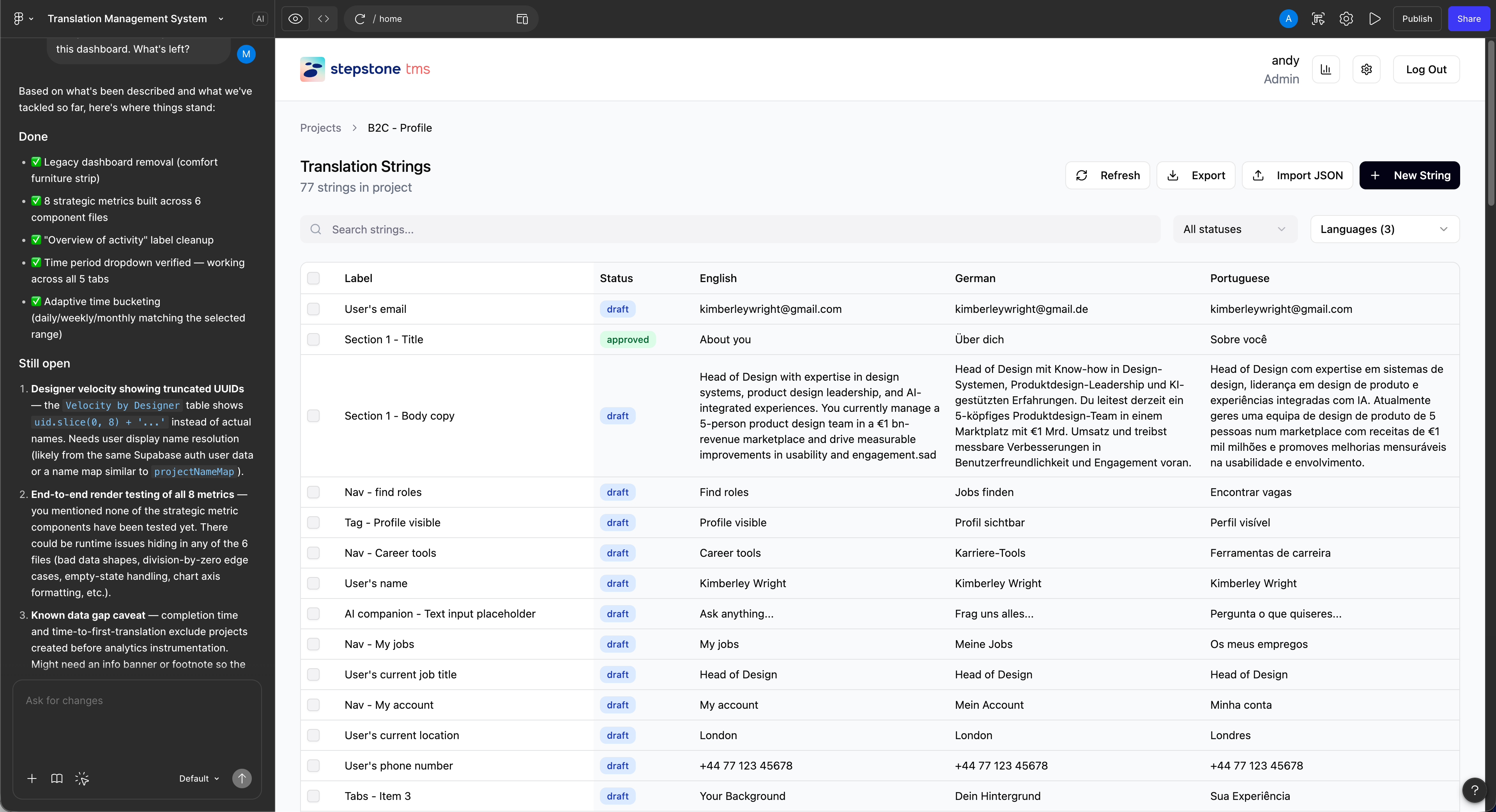 Desktop screen of Figma Make being prompted to create Stepstone translation strings project