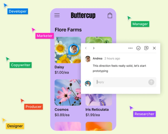 Mauszeiger in Interaktion mit einem Design für Mobilgeräte in einer Figma-Datei und ein ausgewählter Kommentar, der die Ausrichtung bestätigt