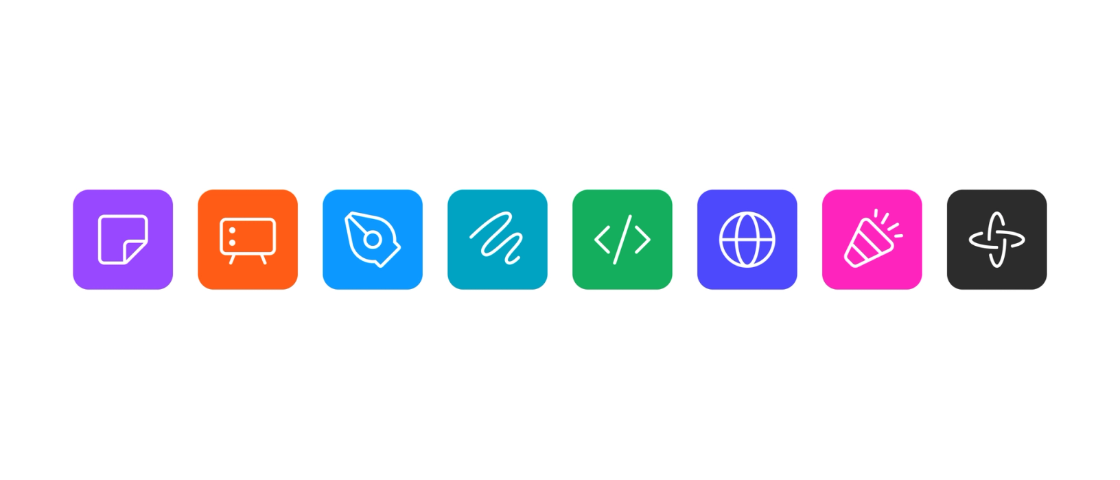A row of eight colorful icons representing Figma tools like FigJam, Design, Dev Mode, and Figma Make.