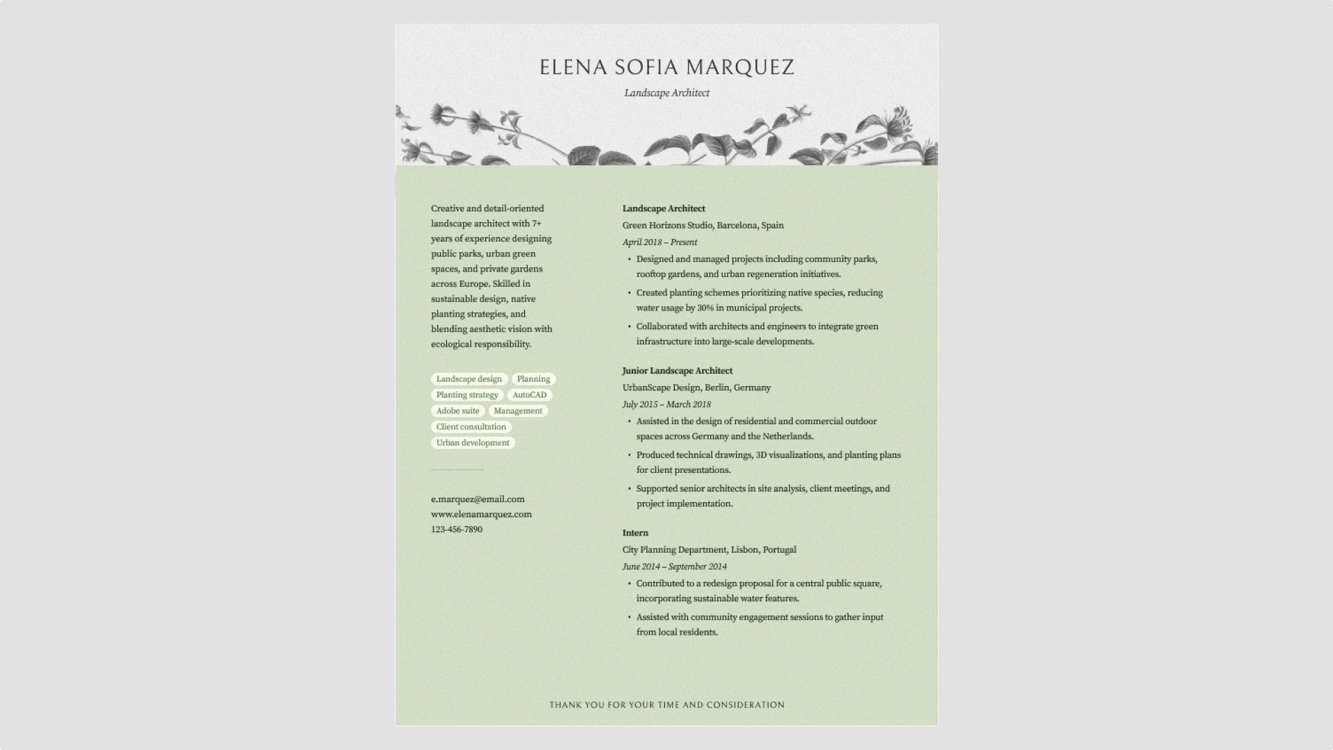 Screenshot of Figma’s elegant nature-inspired resume template.
