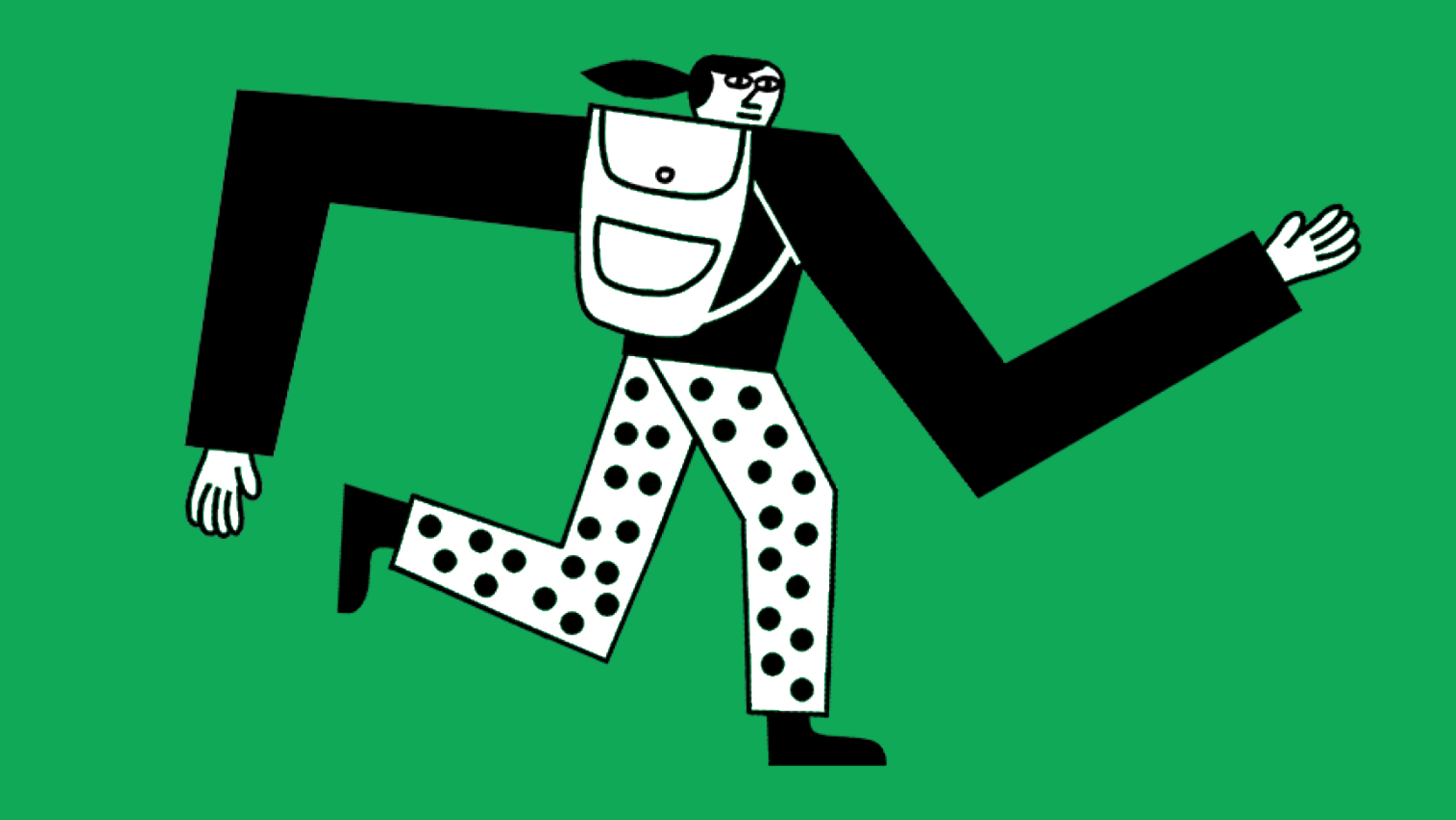 An illustration of a person running with a backpack and polka dot pants