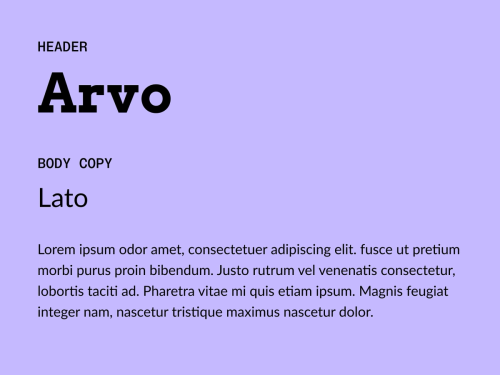 Example text showing Arvo and Lato as a font pairing.