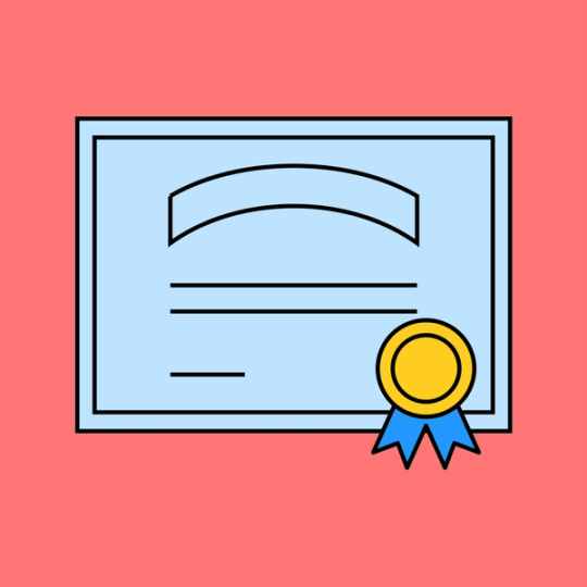 blue document representing a certificate with a medal on top of it