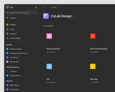 espace de travail collaboratif avec des design systems, du marketing, des espaces iOS et des applications web