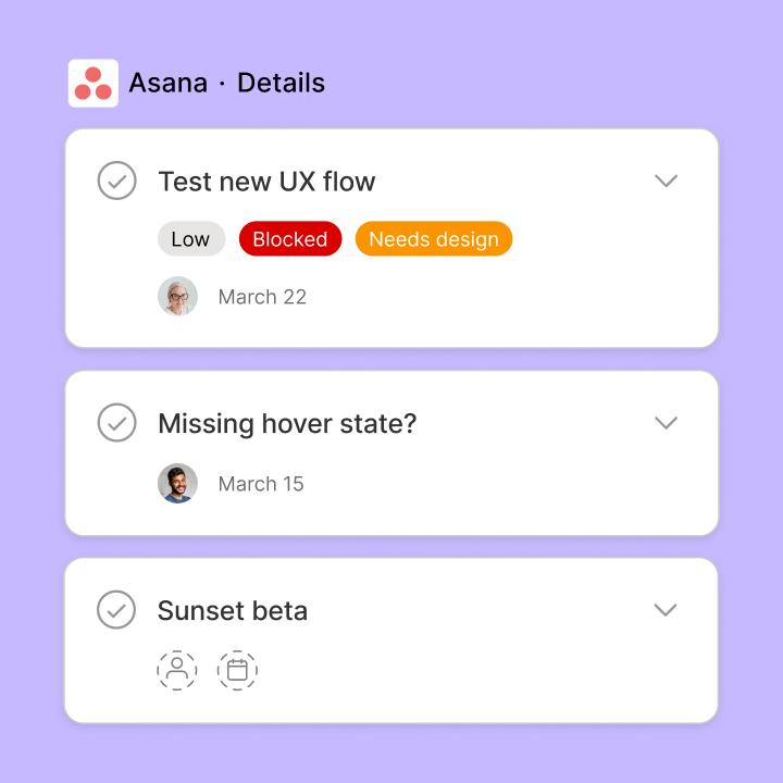 A representation of the Asana widget in FigJam on a purple background.