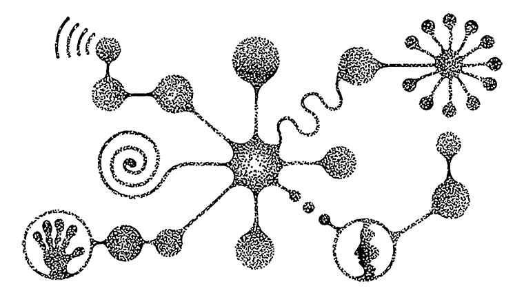 Abstract network with branching nodes interconnected organically, two of them framing a handprint and a person’s side profile.