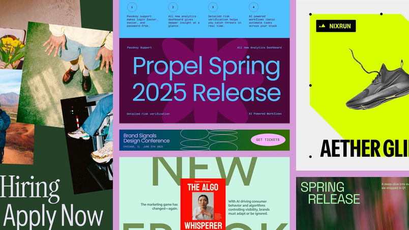 Propel Spring 2025リリースのお知らせ、求人情報、Nixrunアスレチックシューズ、デジタルマーケティング電子書籍広告を含むソーシャルメディアテンプレートコラージュ。