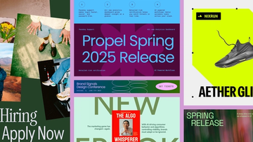 Social media template collage with Propel Spring 2025 Release announcement, job listings, Nixrun athletic shoe, and digital marketing ebook advertisement.