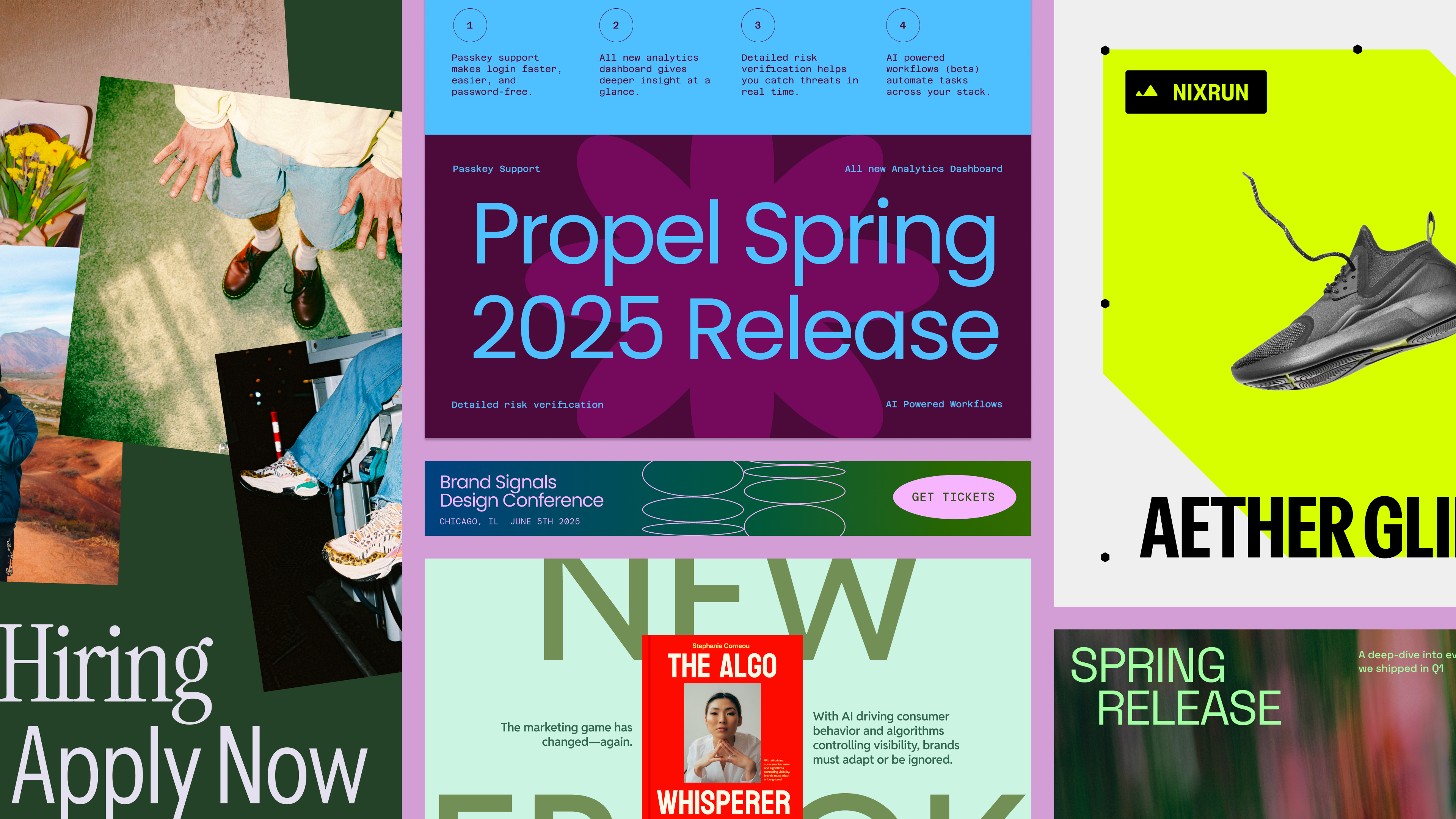 Social media template collage with Propel Spring 2025 Release announcement, job listings, Nixrun athletic shoe, and digital marketing ebook advertisement.