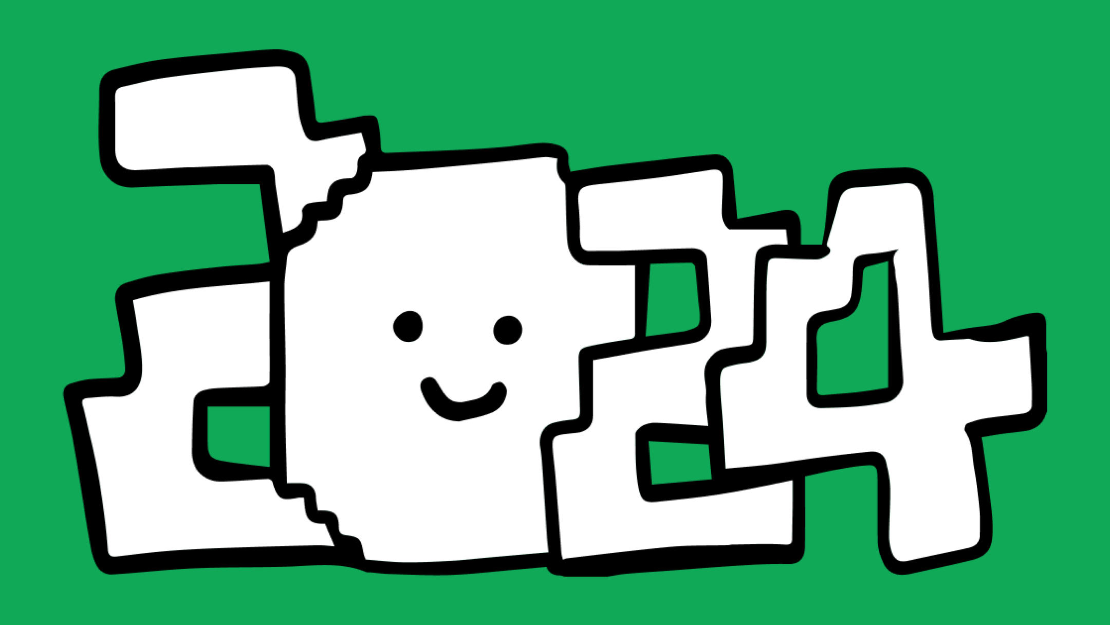 Illustration of 2024 in pixelated font and a smiling 0