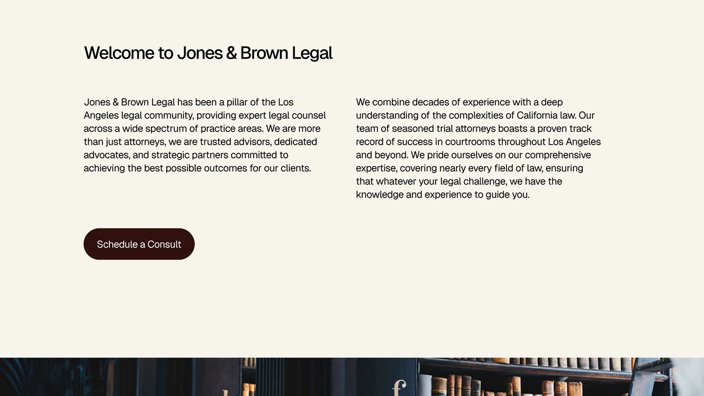 A legal services homepage that includes about us information.