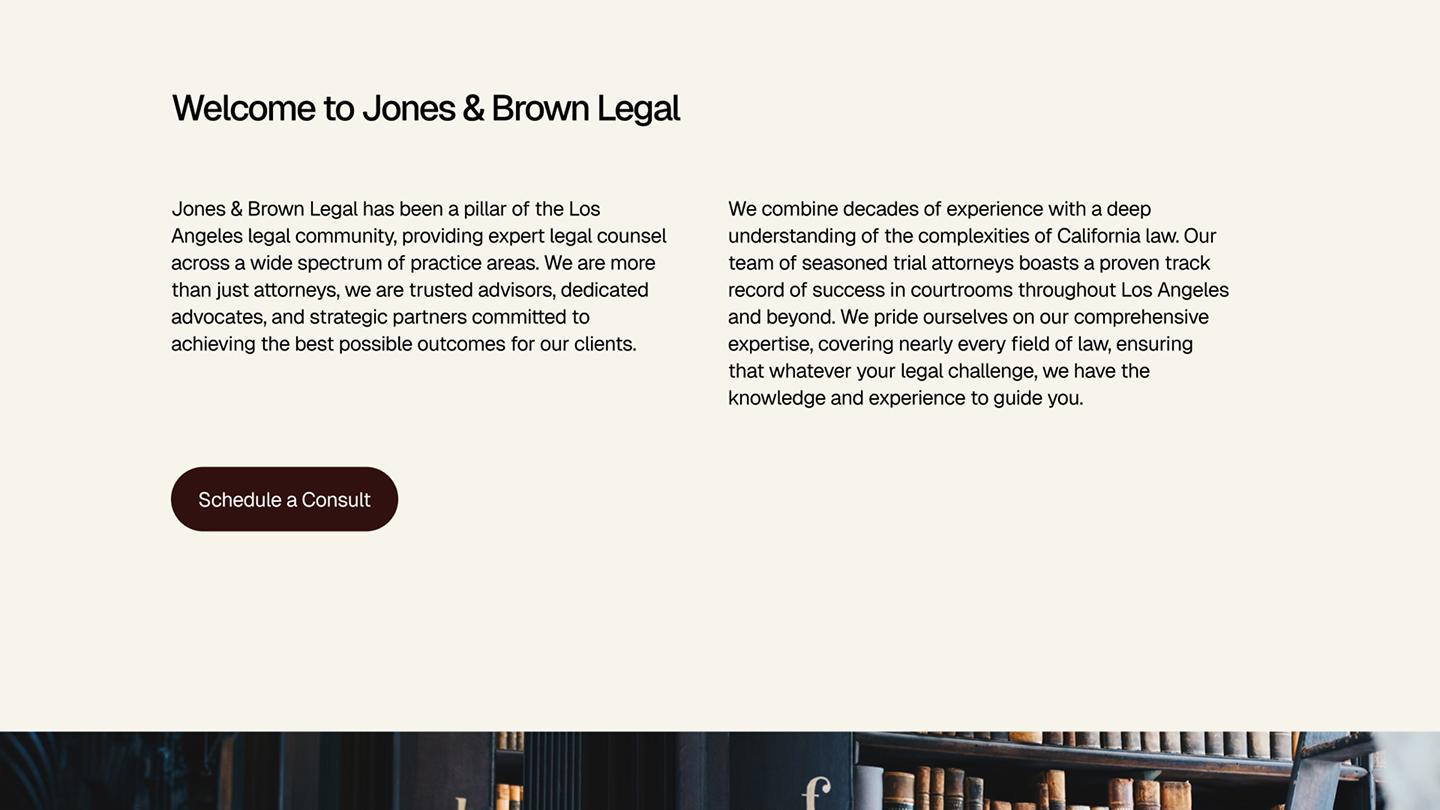 A legal services homepage that includes about us information.