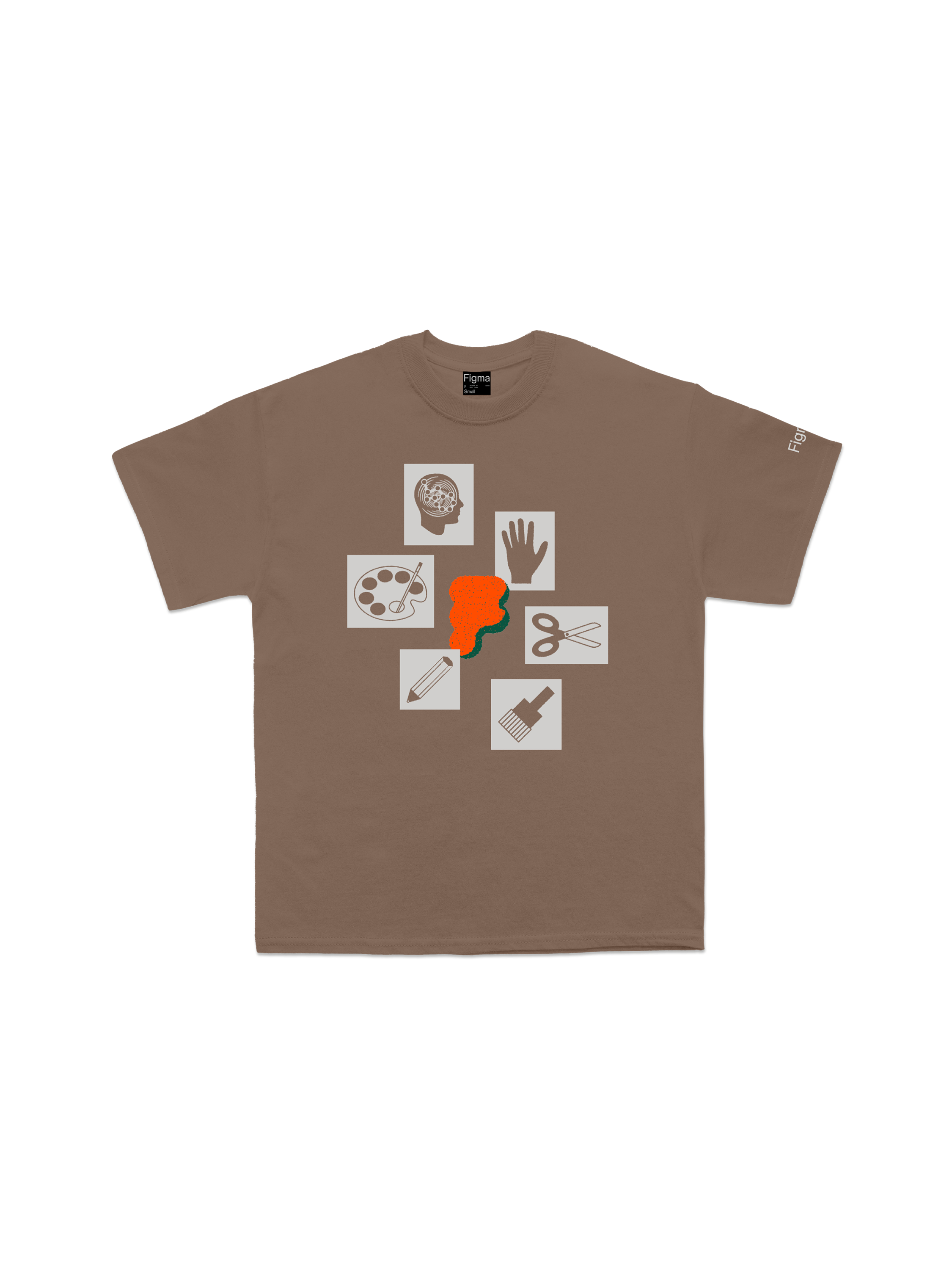Hand-drawn tool icons including a palette, hand, scissors, pencil, paintbrush, and an orange abstract shape scattered across a brown t-shirt