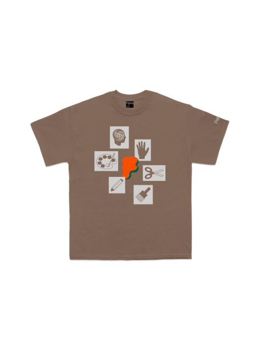 Hand-drawn tool icons including a palette, hand, scissors, pencil, paintbrush, and an orange abstract shape scattered across a brown t-shirt