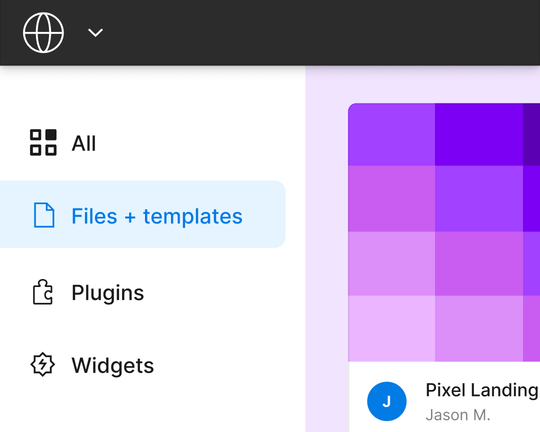 Pestaña “Archivos + plantillas” resaltada en el panel lateral de la página de inicio de la aplicación de Figma.