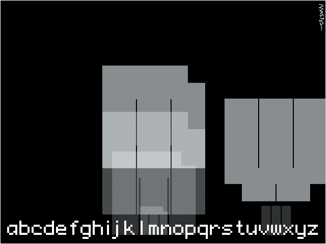 white pixel type spelling the alphabet along the bottom of the image  while various letters (m, w) seem to be expanding on a black background