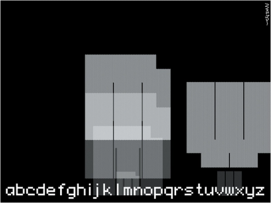 white pixel type spelling the alphabet along the bottom of the image while various letters (m, w) seem to be expanding on a black background