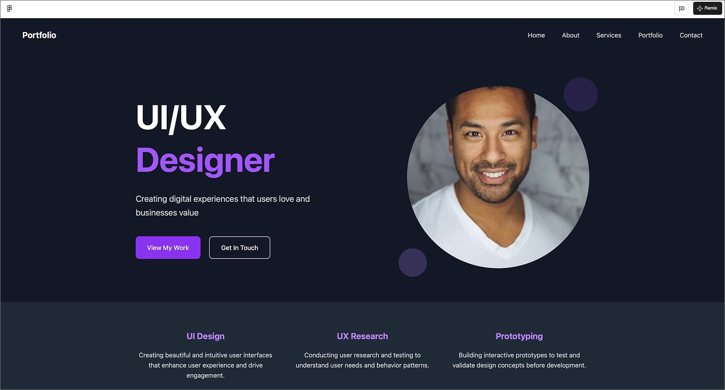 Screenshot of the UI/UX designer portfolio created using Figma Make.