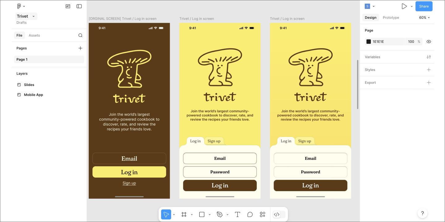 A screenshot of a food app, Trivet, being designed in Figma Design
