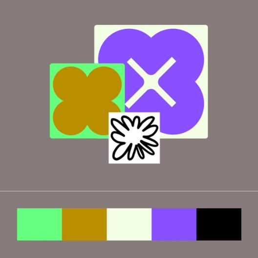 A geometric design with overlapping shapes on a gray background. A mustard yellow flower-like shape sits within a green square, placed on top of a larger purple flower with a white "X" in a pale green square. Below these is a black abstract petal shape in a small white square. The color palette is shown as green, mustard yellow, pale green, purple, and black.
