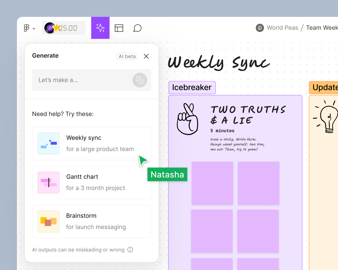 A cursor using the generate feature in FigJam AI to create a “Weekly Sync” template with stickies for their team to contribute.