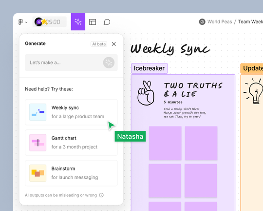 Un cursor que utiliza la función de generación de IA de FigJam para crear una plantilla de “Sincronización semanal” con notas adhesivas para que el equipo contribuya.