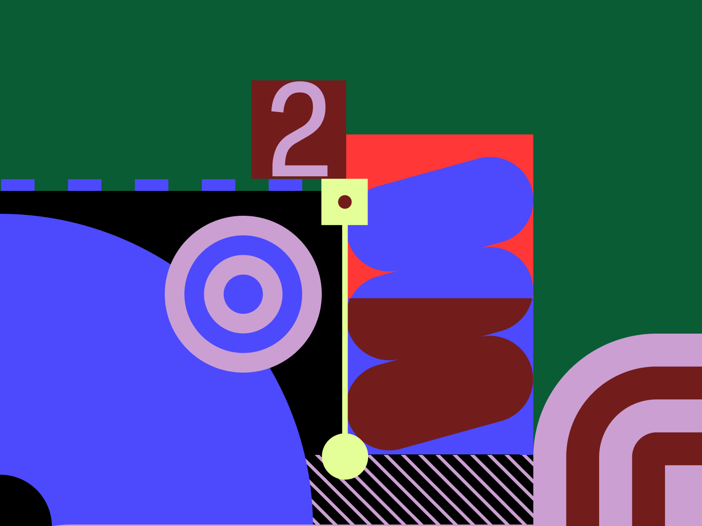 Colorful abstract composition featuring geometric shapes and bold colors. A large purple quarter-circle and concentric rings appear on the left, a red square with a purple number '2' sits near the top, and various rounded and blocky forms in red, purple, and blue are layered over black, green, and striped backgrounds.
