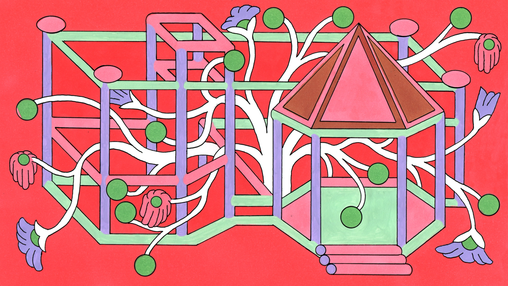 An illustration of an abstract geometric structure shows a gazebo connected to larger scaffolding, entwined by white vine-like branches that end in green spheres and flowers.