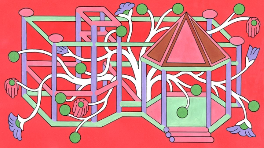 An illustration of an abstract geometric structure shows a gazebo connected to larger scaffolding, entwined by white vine-like branches that end in green spheres and flowers.