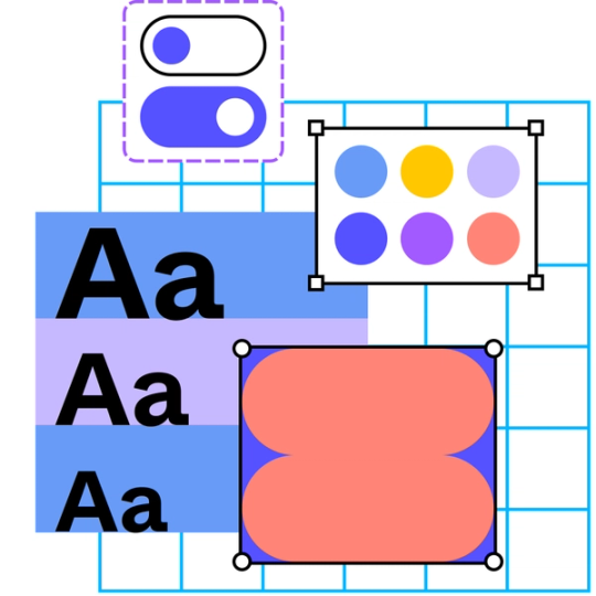 Schalter, Formen, Buchstaben und Begrenzungsrahmen liegen in Ebenen auf einem Raster als ein Teil des Designsystems