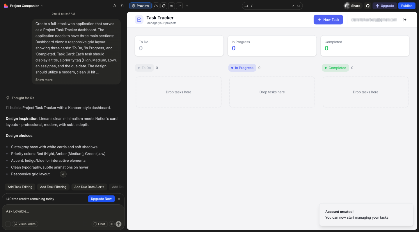A screenshot of a productivity app prototyped on Lovable.