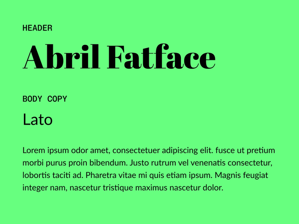 Example text showing Abril Farface and Lato as a font pairing.
