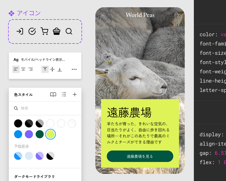 eコマースサイトのモバイル画面のアイコン、カラースタイル、書体、レイアウトスタイルを概説するパネル。