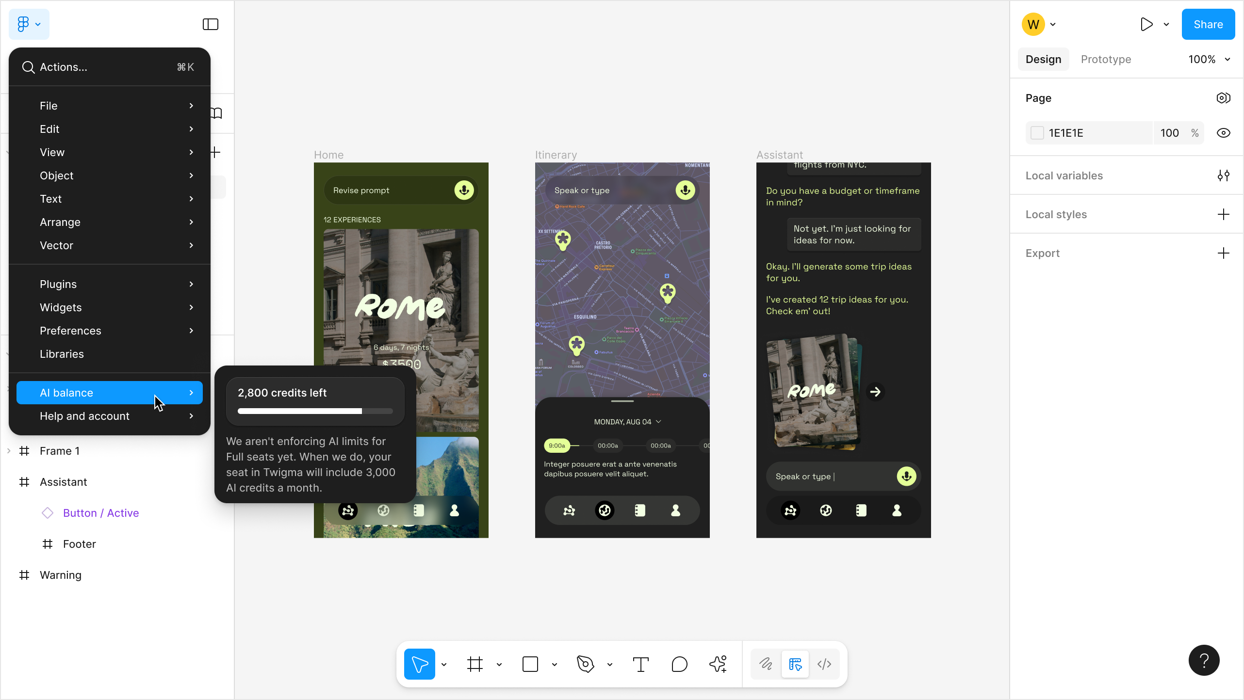 Screenshot of a mouse hovering over “AI balance” in a dropdown menu to reveal a progress bar module detailing that 2,800 out of 3,000 credits are left.