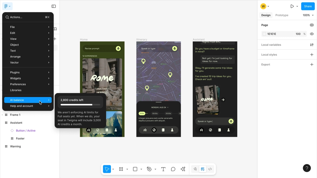 Screenshot of a mouse hovering over “AI balance” in a dropdown menu to reveal a progress bar module detailing that 2,800 out of 3,000 credits are left.