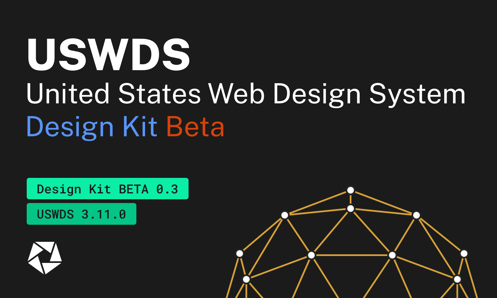 Black title card reading “USWDS: United States Web Design System, Design Kit Beta” with a geodesic dome illustration