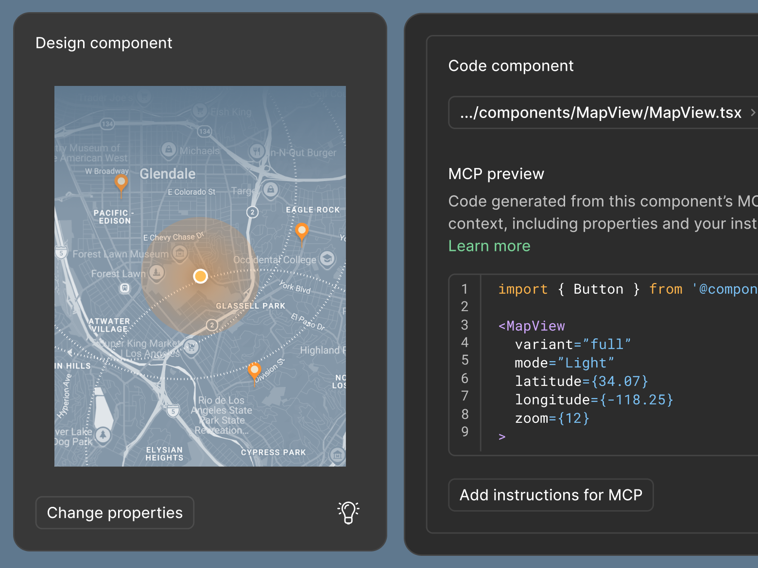 Figma Dev Mode interface showing a MapView component with a map of Glendale on the left and corresponding TSX code on the right, including props for variant, mode, latitude, longitude, and zoom