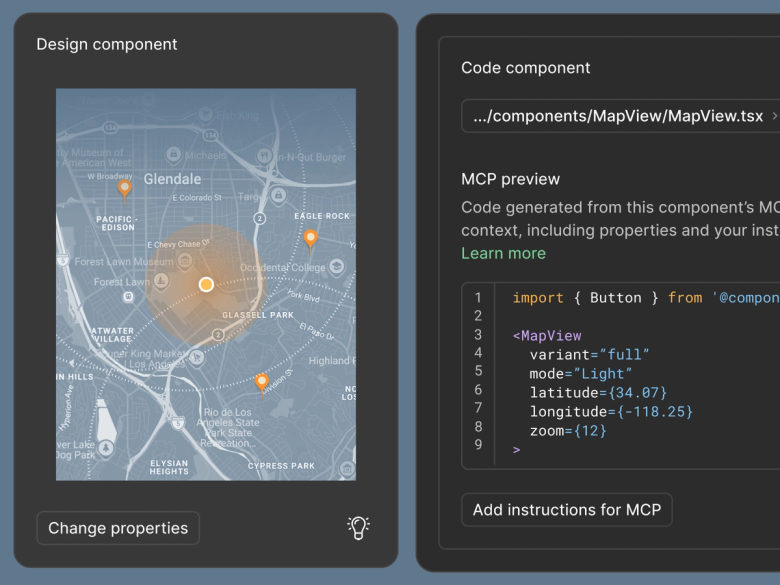 Figma Dev Mode interface showing a MapView component with a map of Glendale on the left and corresponding TSX code on the right, including props for variant, mode, latitude, longitude, and zoom